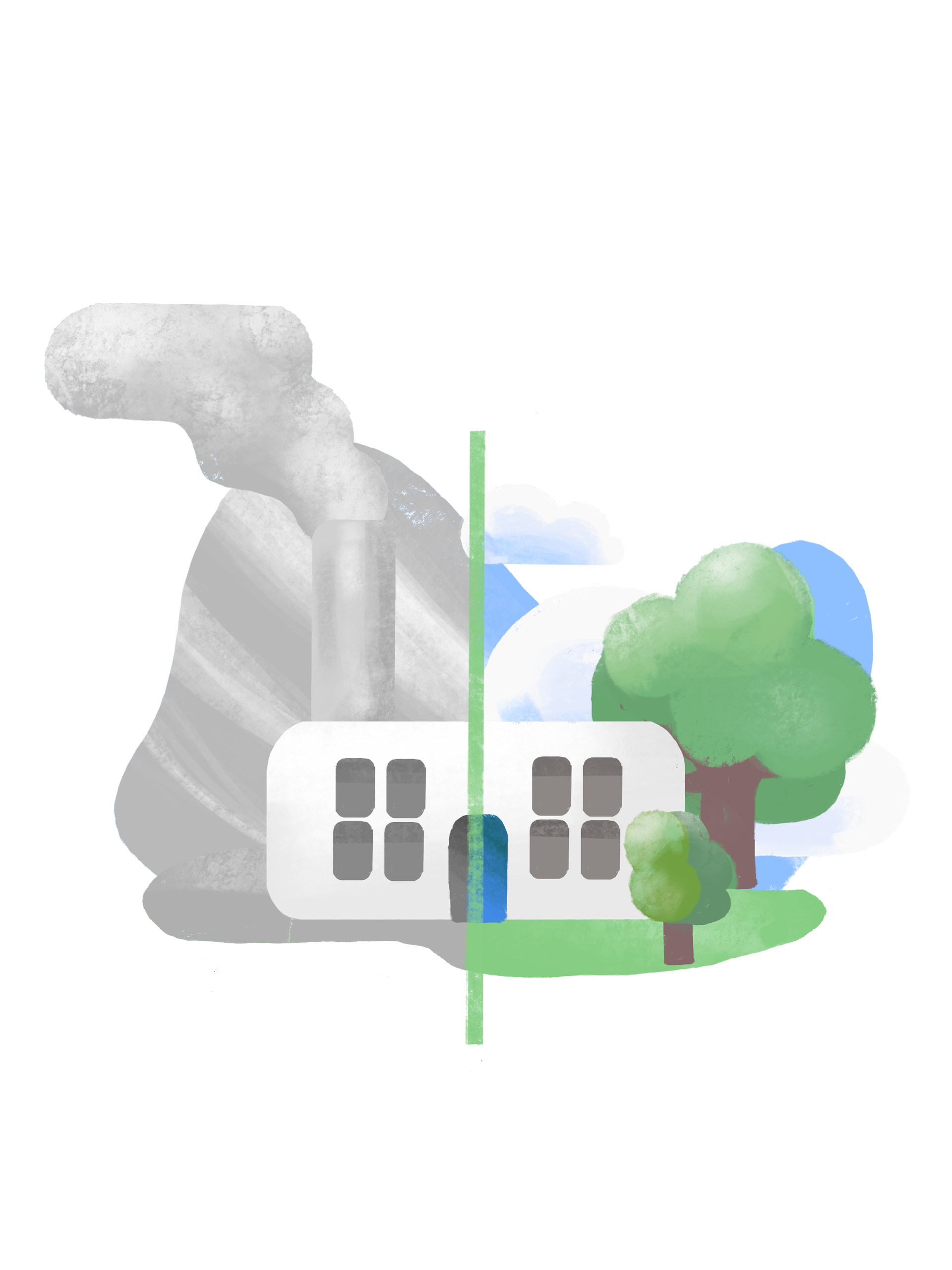 Factory with smokestacks and green hills illustration